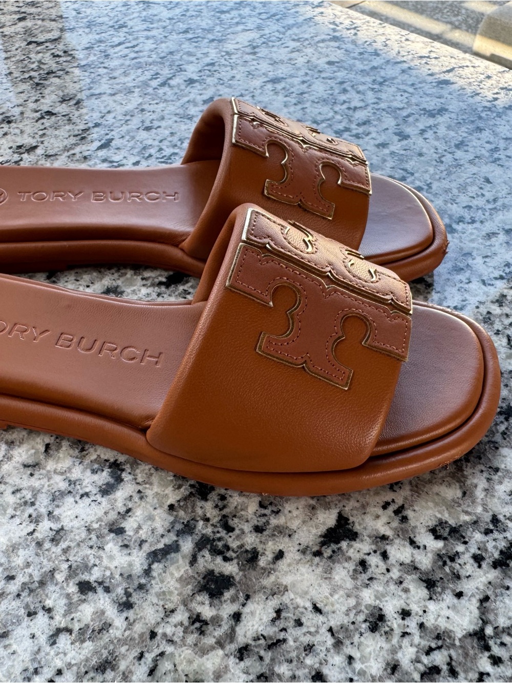 Tory Burch Cognac Leather Slide Sandals with Logo Accent - Picture 3 of 12